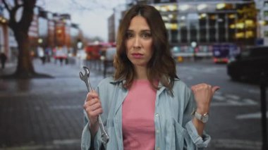 Şehrin caddesinde anahtar tutan İspanyol kadın, somut şehir ve alet odaklı tema.