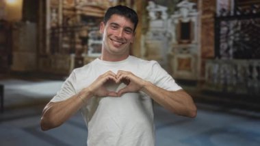 Genç adam tarihi kilise tapınağında süslü bir mermer sunağın yanında elleri ile kalp şekli yapar..