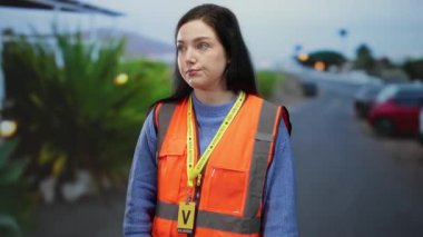 Sokakta duran turuncu yelek giyen kadın şüpheli bir şekilde esmer gönüllüyü işaret ediyor. Bulanık şehir arka planına kafa karıştırıcı bir şekilde işaret ediyor..