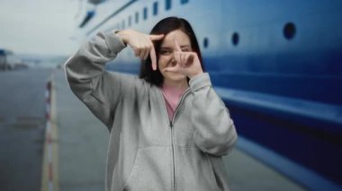 Yolcu gemisinde gülümseyen bir kadın, elleri günlük gri bir kazakla bir çerçeve yaratıyor. Neşeli bir ifadeyle mavi bir okyanus zeminine seyahat ve tatil atmosferini vurguluyor..