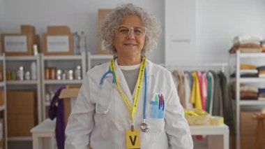 Bağış odasında steteskop ve gönüllü rozet taşıyan, bağış ve giysi ile çevrili, fedakarlık ve toplum hizmetini ön plana çıkaran bir kadın..