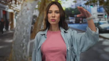 Kalabalık bir şehir caddesinde kendine güvenen bir kadın, arka planda ağaçlar ve kentsel unsurlar olan sıradan bir kıyafet giyiyor, modern, şık bir açık hava havası uyandırıyor..