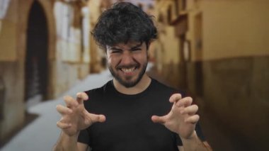 Sakallı genç İspanyol adam, enerjik ve eğlenceli bir şehir sokağında elleri pençe gibi durarak şakacı hareketler yapıyor..