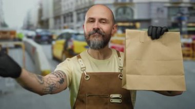 Sakallı ve eldivenli bir adam işlek şehir caddesinde kağıt torba tutuyor, şehir trafiğinin ortasında güvenle gülümsüyor, canlı şehir ortamında dağıtım konseptini sergiliyor..