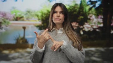 Güneşli bir açık hava parkında parmaklarıyla sayan bir kadın yeşil ağaçlar ve bulanık bir arka planı olan gri bir kazak giyen ve düşünceli görünen bir kadın..