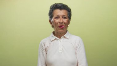 Sarı arka planda, gri saçlı yaşlı kadın şakacı ve esprili tavırlar sergiliyor..