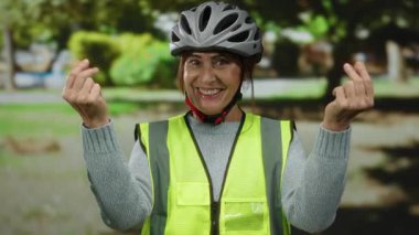 Parktaki son sınıf öğrencisi kadın güvenlik yeleği giyiyor ve miğfer takıyor para harcama hareketlerini taklit ediyor, açık hava aktiviteleri sırasında neşeyle gülümsüyor..