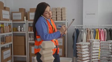Gönüllü olarak birden fazla iş yapan bir kadın içeride duruyor, telefonla konuşuyor ve arka planda bağış kutuları ve giysi raflarıyla notlar alıyor..