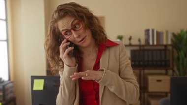 Ofiste telefonla konuşan, gözlüklü, kitaplıklı kırmızı gömlekli ve arkasında bitki olan bir kadın profesyonel çalışma alanında tutkuyla el kol geziyor..
