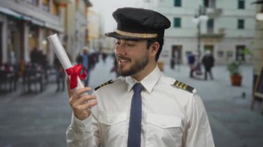 Elinde sertifikası olan pilot üniformalı genç bir adam coşkulu şehir sahnesinin ortasında gülümsüyor ve neşeli bir başarı sergiliyor..