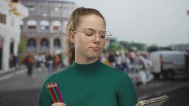 Kadim kolezyumun yanında elinde renkli kalemler tutan gözlüklü genç bir kadın. Yaratıcı bir düşünce..