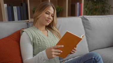 Turuncu ciltli kitap okuyan bir kadın yumuşak yastıklı kanepede nazikçe gülümsüyor..