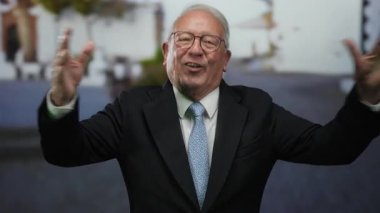 İş dünyasının kıdemli adamı sokaklarda neşe içinde kendini ifade ediyor, şehir ortamında güven ve mutluluk gösteriyor..