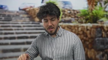 Sakallı ve çizgili gömlekli genç adam güneşli bir günde dışarıda taş basamaklar ve yeşilliklerle çevrili bir şekilde jest yapıyor..