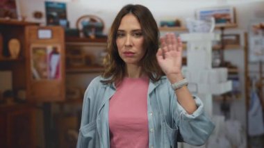 İçerideki Latin kökenli genç kadın, elini kaldırmış, rahat bir odada, arka planda rafları olan tarafsız bir yüz ifadesiyle güvenle dikiliyor..