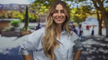 Sarışın, uzun saçlı, kalçaları üzerinde genç bir kadın güneşli bir şehir avlusunda gülümsüyor, kendine güveni tam..