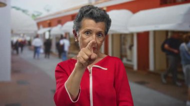 Gri saçlı yaşlı bir kadın hareketli bir şehir sokağında kırmızı bir gömlek giyerek ihtiyatlı bir jest yapıyor ve insanlar eski bir kasabanın arka planında yürüyor..