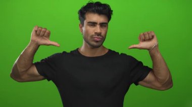 Göğüs göğse başparmak gösteren adam çıplak kaslı kollarını gösteriyor ve yeşil stüdyoda kendine güvenen bir ifade sergiliyor..