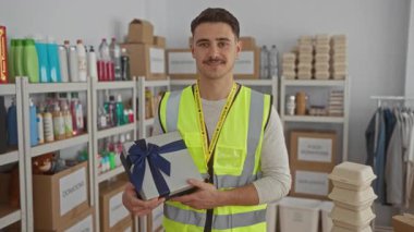 Yansıtıcı yelek giyen genç bir İspanyol, bağış merkezinde bir hediye kutusu tutuyor. Etrafında bir sürü malzeme var..