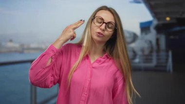 Yolcu gemisinde pembe tişörtlü genç bir kadın, hayal kırıklığına uğramış jestler yapıyor, limanda, bulanık deniz geçmişiyle dikiliyor, vücut dili ile duygularını ifade ediyor..