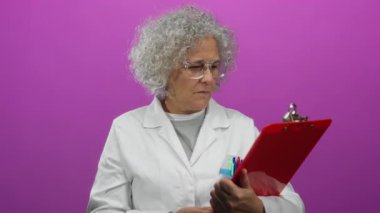 Laboratuvar önlüğü ve gözlük takan kadın, panoyu inceliyor, parlak pembe arkaplanla karşılaştırıyor, sürpriz ve merakı iletiyor..