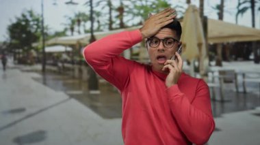 Telefondaki kırmızı gömlekli adam şehirdeki terasta endişeli görünüyor..