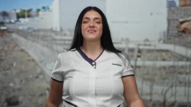 Bir inşaat sahasında gözlerinin önünde güzel bir jest yapan kadın, günlük beyaz gömleğiyle, açık havada, endüstriyel bir ortamda kıvrımlı vücudunu ön plana çıkarıyor..