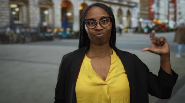Gözlüklü ve kıvırcık saçlı bir kadın şehir sokağında duruyor, sarı tişört ve siyah ceket giyiyor, şehir ortamında kendine güveni tam..