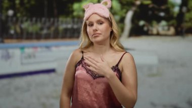 Sarışın kadın gece elbisesi ve pembe uyku maskesi takıyor. Arka planda yeşil ağaçlar olan bir parkta duruyor. Huzurlu ve rahat bir atmosfer yayıyor..