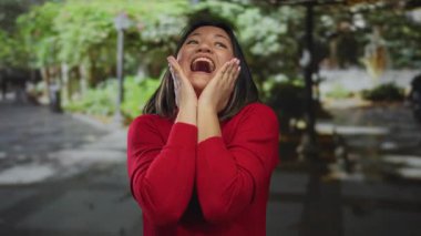 Kırmızı kazaklı kadın, gün ışığında yemyeşil bir parkta neşe ve şaşkınlık ifade ediyor. Gençlik cazibesi ve açık havada samimi duygularla canlı bir sonbahar enerjisi yakalıyor..