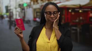 Sokak terasında Norveç pasaportu taşıyan, gözleri kapalı, gözlüklü, sarı gömlekli, şehir arka planı bulanık, seyahat ve tefekkür öneren bir kadın..