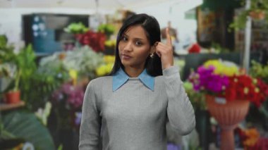 Kafasını canlı çiçekçi dükkanının arka planına çeviren kadın yaratıcılık ve düşünceli bir ifadeyle yaratıcılığı ve düşünceli olmayı öneriyor..