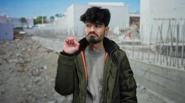 Bir inşaat sahasında gizlilik içinde el kol hareketi yapan genç bir adam, açık bir zemin ile onun günlük kıyafetlerini ve düşünceli yüz ifadesini vurguluyor.