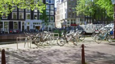 Amsterdam bisikletleri, ağaçlar ve geleneksel Hollanda mimarisi ile kaplı güneşli kanalların yanında bulanıklaşarak, sakin kentsel yaşamın rüya gibi atmosferini yaratıyor..
