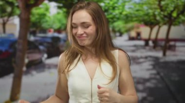 Beyaz kolsuz bluzlu kadın geniş bir gülümseme içinde ve kenar mahalle sokaklarında park etmiş arabalarla sıkılmış yumruklarını kaldırıyor; zafer..