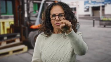 Şehir caddesinde kıvırcık saçlı bir kadın, gözlük ve süveter takıyor, çevresi sanayi unsurlarıyla çevrili, duygularını ifade ediyor..