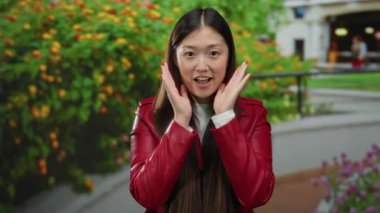 Kırmızı ceketli kadın, dışarıda yeşil parkın arka planında heyecan ifade ediyor, parlak çiçekli manzara, gün ışığında canlı ve neşeli anlar sergiliyor, pozitif duygular yayıyor..