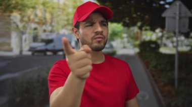 Kırmızı şapkalı ve gömlekli adam teslimat kuryesi park halindeki arabaların arasında parmakla işaret ediyor; yön karmaşası.