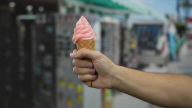 Dondurma külahını arka planda bulanık tezgahlarla dışarıda tutan adam hareketli bir sokak ortamını işaret ediyor..