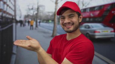 Kırmızı kurye üniformalı bir adam çift katlı otobüsün yanındaki hareketli şehir sokağında avuçlarını açık sunuyor..