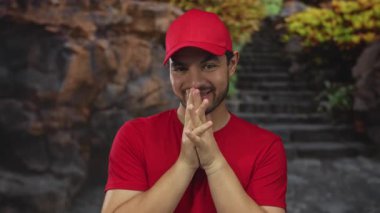 Gülümseyen yüzlü, elleri sımsıkı bağlı ve kırmızı şapkalı adam ormanda taş merdivenlerle; iyimserlik umut planlaması.