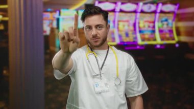 Sakallı ve steteskoplu genç beyaz erkek doktor kumarhanede duruyor. Arka planda kumar makineleri var. Sağlık ve kumar ortamlarının benzersiz bir zıtlığını oluşturuyor..