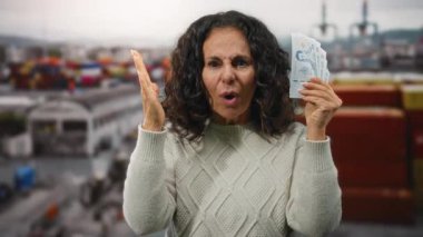 Thai baht banknotlarını elinde tutan bir kadın limanda tekne ve deniz kenarında bir arka planda, süveter giyerken şaşkınlığını dile getiriyor..