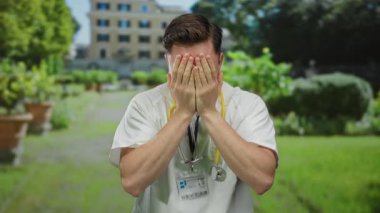 Parkta gülümseyen steteskoplu genç bir doktor, işe ara verirken rahatlama ve mutluluk gösterisi yapıyor..