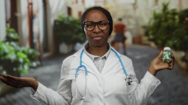 Steteskoplu kadın doktor elinde bir kutu hapla şehir sokaklarında ilaç araştırıyor. Arka planda yeşillik bulanıklığı var..