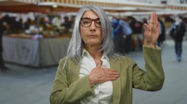 Gri saçlı bir kadın açık hava pazarında küfür jesti yapıyor. Etrafı bulanık müşterilerle çevrili. Güven ve samimiyet duygusu taşıyor..