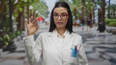 Gözlük takan ve laboratuvar önlüğü giyen bilim kadını güneşli bir sokakta test tüpünü inceliyor..