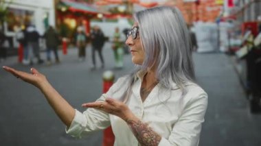 Son sınıf öğrencisi, gri saçlı, başparmak kaldıran ve şehir sokaklarında bir şeyler sunan gözlüklü, kolunda dövmesi olan beyaz gömlekli bir kadın..