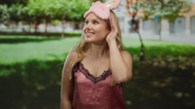 Ağaçlarla çevrili yeşil bir parkta gülümseyen tavşan maskeli genç sarışın kadın..