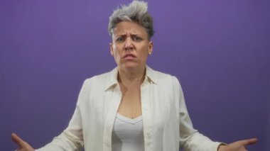 Kaldır ellerini, çatık kaşlı ve kısa saçlı bir kadın mor stüdyo ortamında düğmesiz beyaz gömlek giyiyor. Hayal kırıklığı..